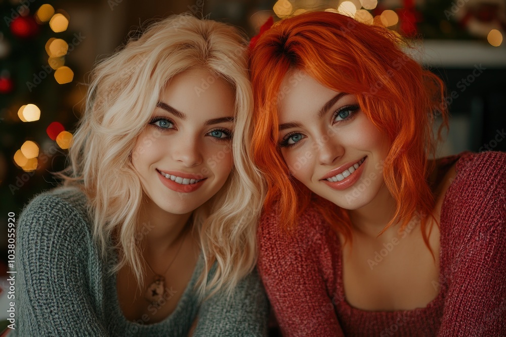 sisters with bright hair sitting smiling wide on Christmas table. ai generated sisters with bright hair sitting smiling wide on Christmas table. ai generated