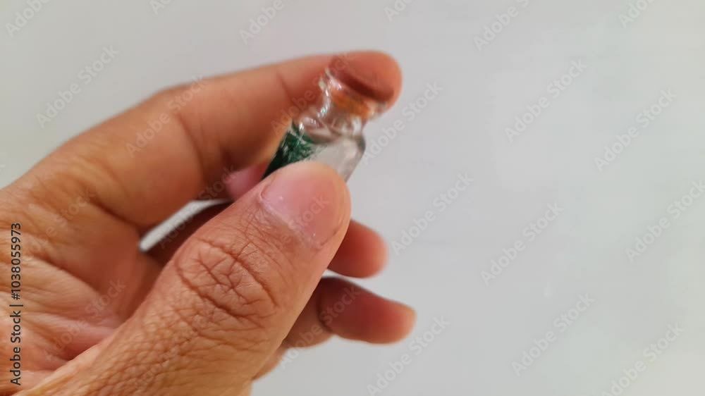 Asian man's hand holds a small bottle of water containing blue powder. Blue powder liquid in small bottle in hand. Medical concept Asian man's hand holds a small bottle of water containing blue powder. Blue powder liquid in small bottle in hand. Medical concept