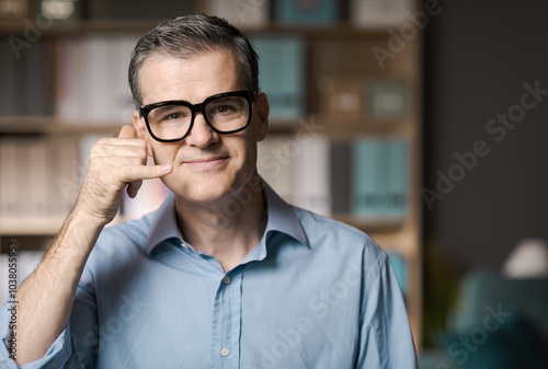 Smiling businessman doing the phone gesture