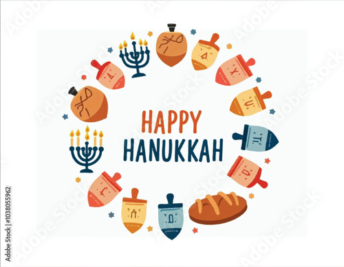 a circle of hanukkah icons with dreidels and challah bread with menorah and words happy hanukkah