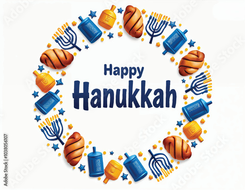 vector of a round frame with a banner that says happy hanukkah with menorahs, dreidels, and challah
