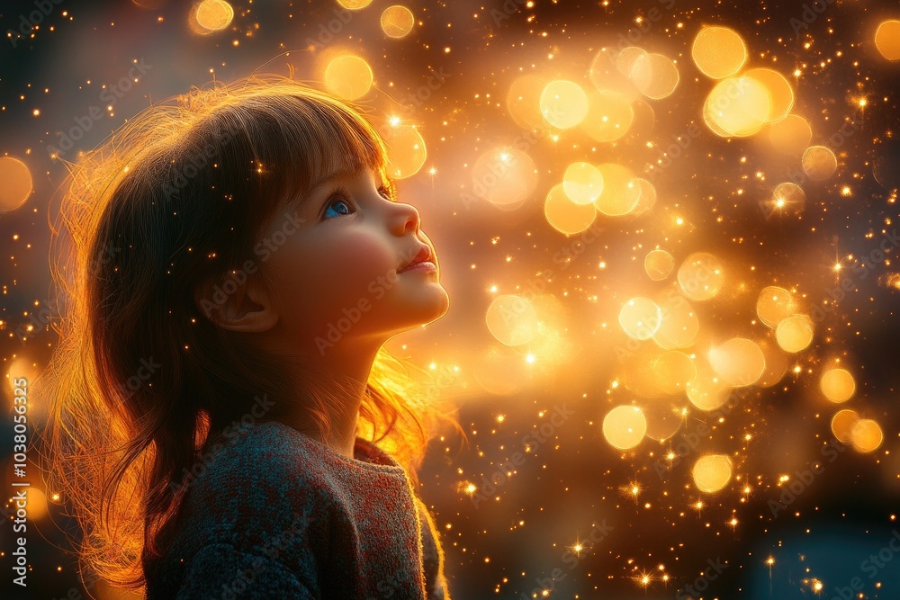 Little girl looking up at magical golden bokeh lights background Little girl looking up at magical golden bokeh lights background