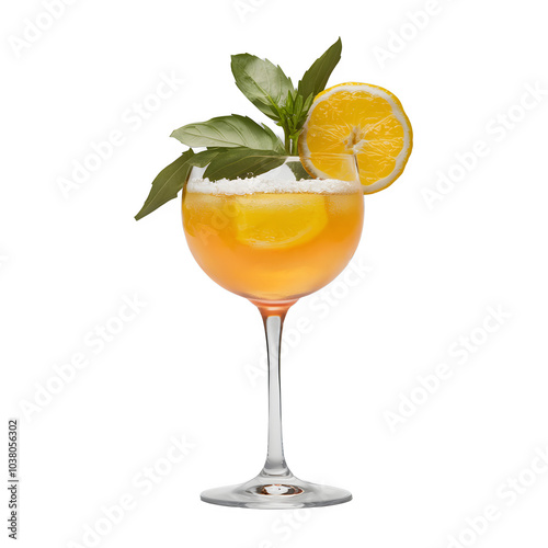 Isolated Citrus Basil Lemon Fizz Cocktail Drink Glass on a Transparent Background, Png Format, 3d Cocktail Drink Glass Image photo