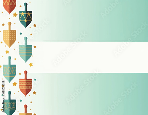 a poster for hanukkah with colorful modern and minimalist dreidels with stars on green background