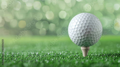 A close-up of a golf ball teed on lush green grass, with a blurred background, emphasizing the serene environment of a golf course. photo