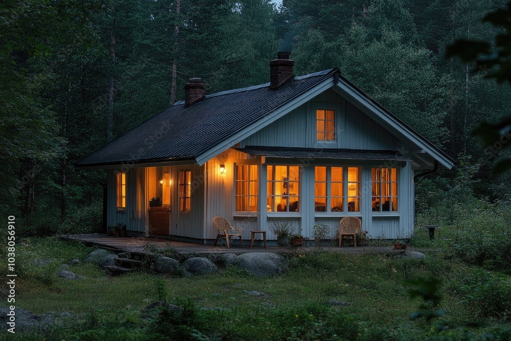 Cozy wooden cabin glowing in the twilight forest Cozy wooden cabin glowing in the twilight forest