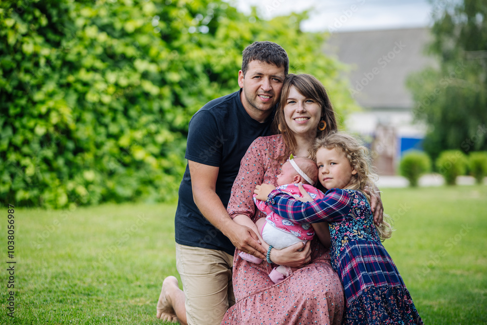 Family portrait, young couple and children posing in the backyard on the grass Family portrait, young couple and children posing in the backyard on the grass