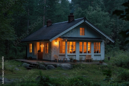 Cozy wooden cabin glowing in the twilight forest