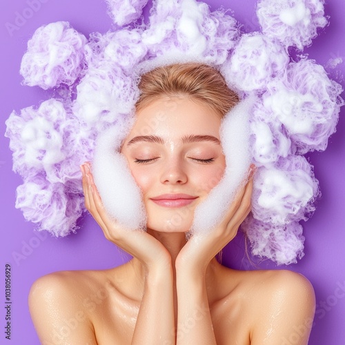 A serene woman with a soapy hairstyle smiles against a lavender backdrop, embodying relaxation and self-care.