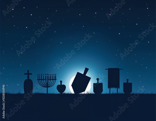 a vector silhouette of a menorah, dreidels, challah, and other hanukkah ornaments on starry night