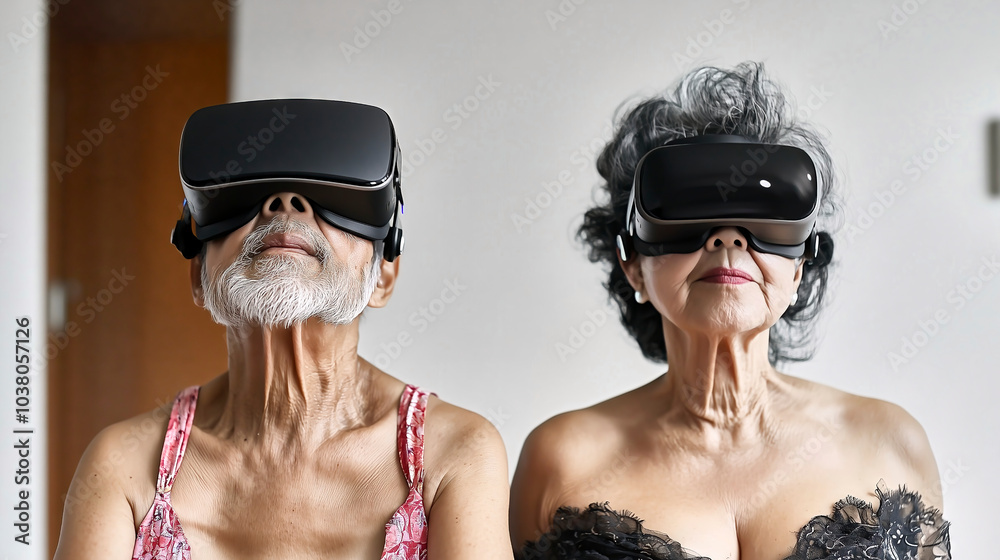 Naklejka premium Senior couple exploring virtual reality wearing vr headsets