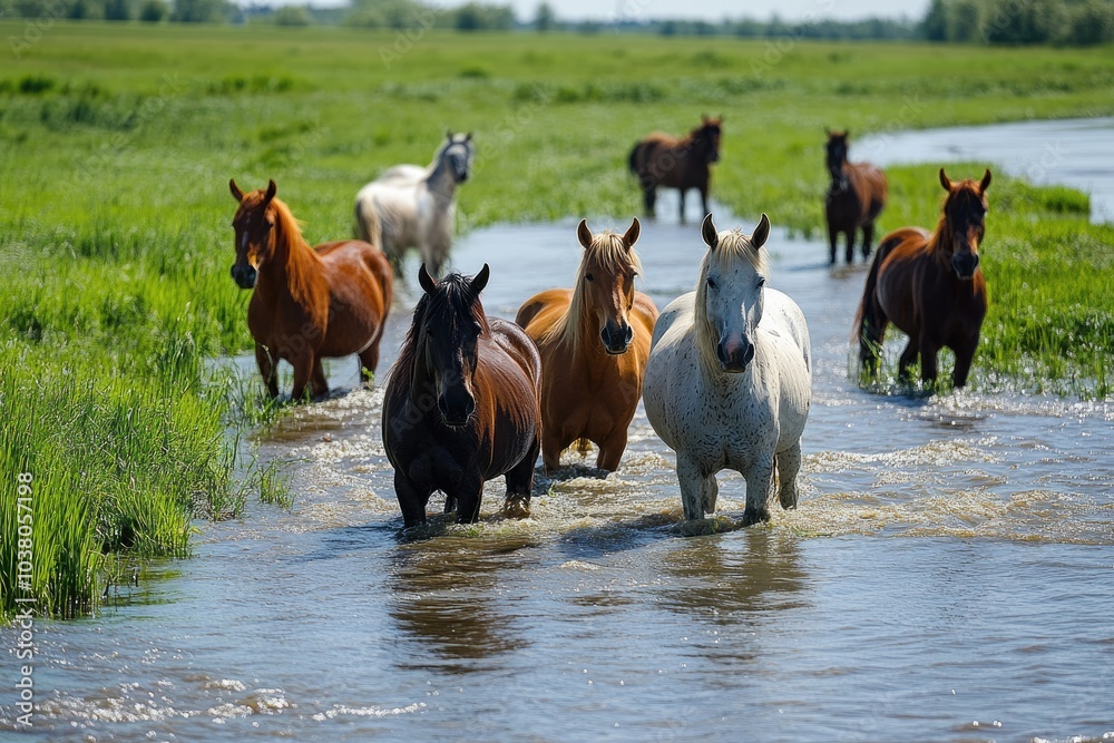 Herd of horses cooling down in river on sunny day Herd of horses cooling down in river on sunny day
