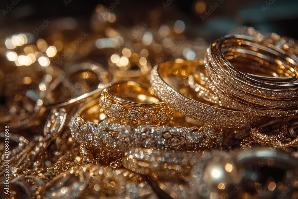 Gold jewelry with diamonds is glittering under the spotlight