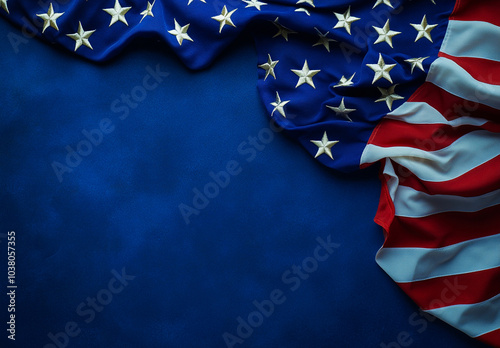 American flag on the wind with blue background