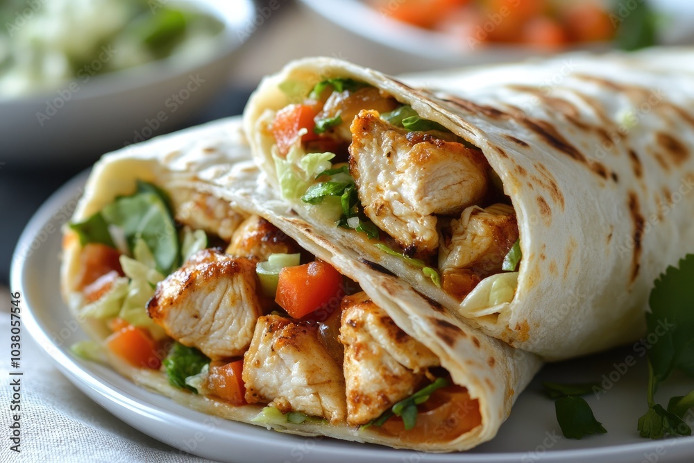 Delicious grilled chicken tortilla wrap lying on wooden desk Delicious grilled chicken tortilla wrap lying on wooden desk
