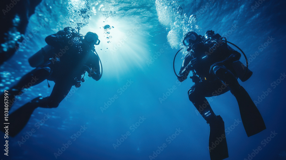 Diving enthusiasts explore deep blue abyss, surrounded by shimmering bubbles and beams of sunlight filtering through water. Their adventure captures thrill of underwater exploration Diving enthusiasts explore deep blue abyss, surrounded by shimmering bubbles and beams of sunlight filtering through water. Their adventure captures thrill of underwater exploration