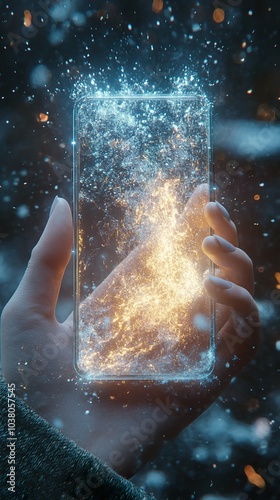 Hand holding phone displaying nebulalike screen with glitter. photo