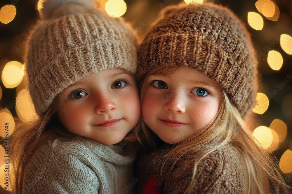 Two cute little girls wearing winter hats posing on a sparkling background Two cute little girls wearing winter hats posing on a sparkling background