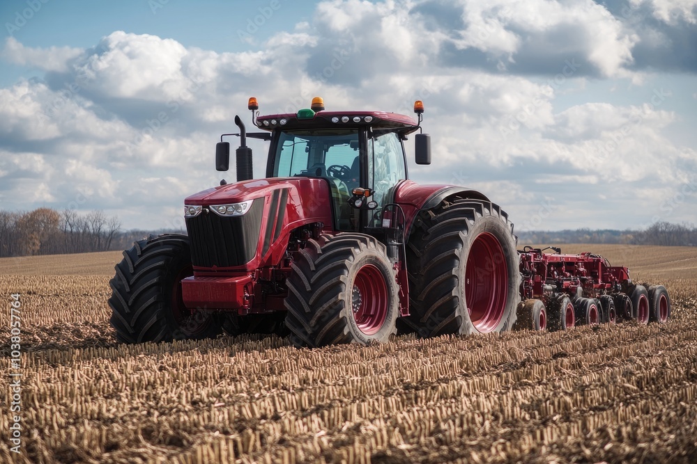 Powerful red tractor preparing soil for seeding on farmland Powerful red tractor preparing soil for seeding on farmland