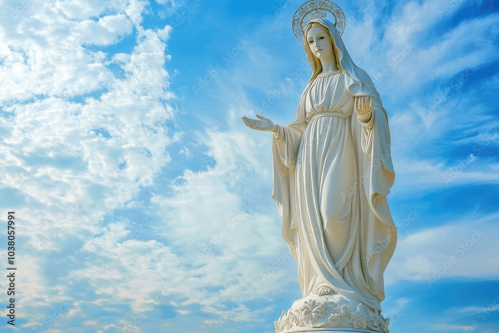 White statue of virgin mary standing with cloudy sky background White statue of virgin mary standing with cloudy sky background