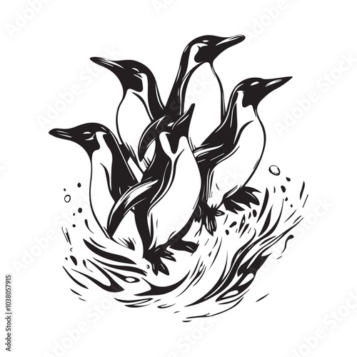 Monochrome Vector Illustration of Penguins Playing in Water on a White Background