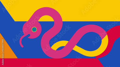 Stylized pink snake stands in front of a vibrant background with bold geometric shapes and primary colors.Design features contrasting colors including yellow,blue and red.2025 New Year card.AI generat photo