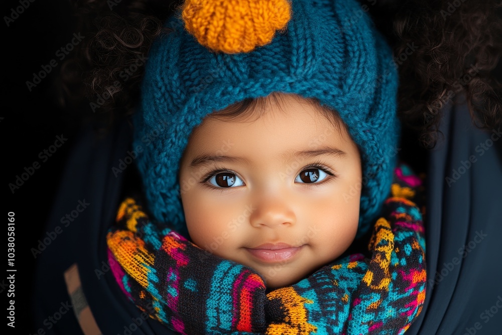 A young child with wide eyes and a bright smile is wrapped warmly in a knitted hat and vibrant scarf, embodying innocence and the warmth of a parent's love. A young child with wide eyes and a bright smile is wrapped warmly in a knitted hat and vibrant scarf, embodying innocence and the warmth of a parent's love.