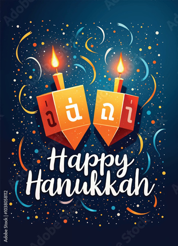 a poster for happy hanukkah with glowing candles on dreidels and stars with the words happy hanukkah