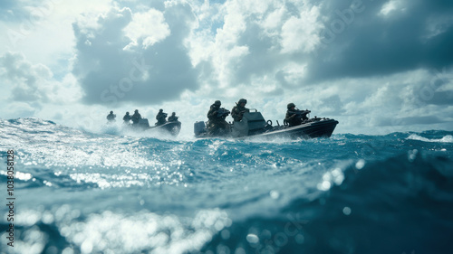 group of tactical speedboats navigates through choppy waters, showcasing military operation. scene captures intensity and precision of naval maneuvers under dramatic sky