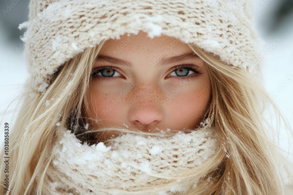 A girl with freckles, wrapped in a thick knit scarf and hat, gazes through the falling snow, representing winter's chill and cozy warmth in equal measure. A girl with freckles, wrapped in a thick knit scarf and hat, gazes through the falling snow, representing winter's chill and cozy warmth in equal measure.