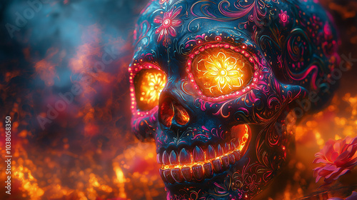 Sugar Skull in the Flames: A vibrant and intricate sugar skull with glowing eyes, set against a backdrop of fiery flames. The skull is adorned with vibrant floral patterns, symbolizing life, death.