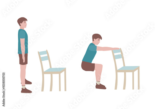 Exercises that can be done at-home using a sturdy chair.
Extend arms in front and level with the shoulders. Slowing bending at the hips and lower down to sit on the chair. with Chair Squats posture. 