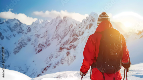 Sport man skiing down on snow fields with snow mountain background.