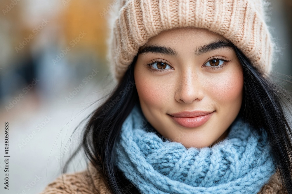 A woman smiles warmly, clad in a blue scarf and beige knit hat, surrounded by the cold, vibrant backdrop of a bustling city street engulfed in winter vibes.