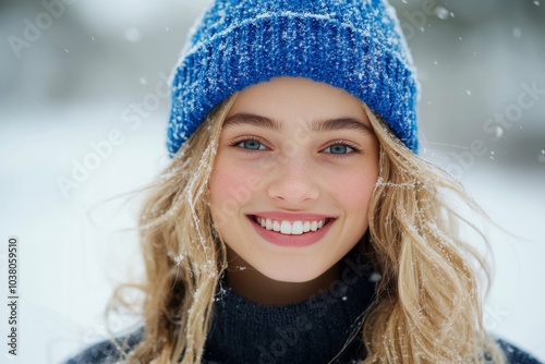 A young blonde woman with a cheerful smile, wearing a blue knit hat, enjoys the snowy outdoors, capturing a moment of playful delight and elegance.