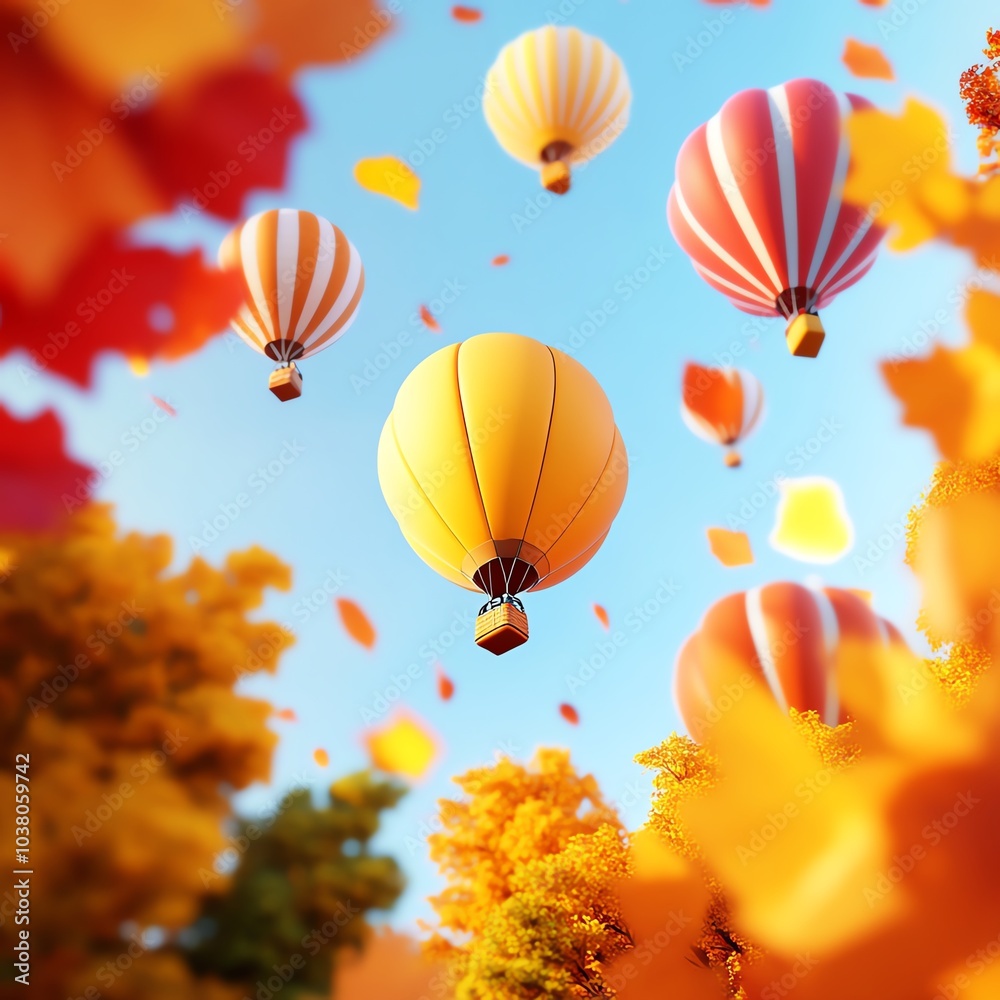 Fototapeta premium Colorful hot air balloons soaring over a vibrant autumn landscape.