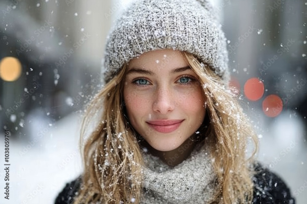 A young woman with light-colored hair enjoys a snowy day, wearing a knitted beanie and scarf, with soft snowflakes falling around her, creating a serene winter scene. A young woman with light-colored hair enjoys a snowy day, wearing a knitted beanie and scarf, with soft snowflakes falling around her, creating a serene winter scene.