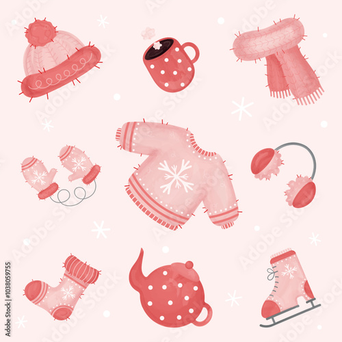 Collection of winter clothes and accessories  in pink colors on light pink background. Watercolour set. Vector illustration.