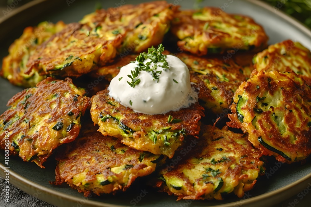 A plate of crispy vegetable fritters topped with sour cream and herbs.