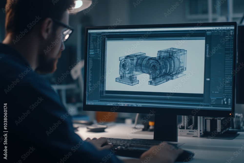Engineer working on 3D CAD model on computer Engineer working on 3D CAD model on computer