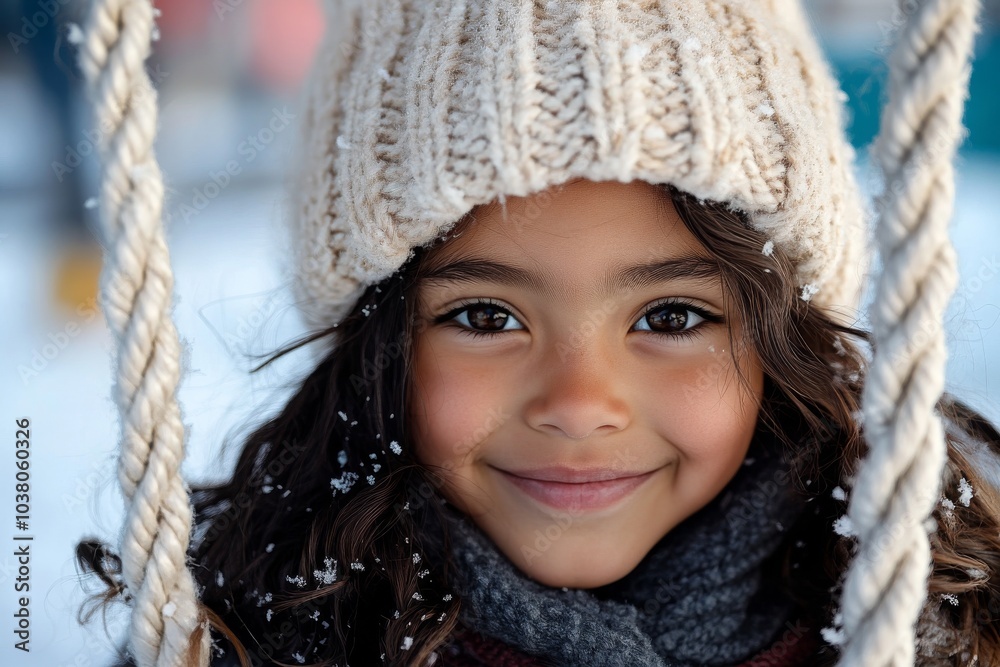A child sitting on a swing, their curly hair peeking out from a thick knit hat adorned with fresh snowflakes, wearing a warm scarf, and gazing joyfully forward. A child sitting on a swing, their curly hair peeking out from a thick knit hat adorned with fresh snowflakes, wearing a warm scarf, and gazing joyfully forward.