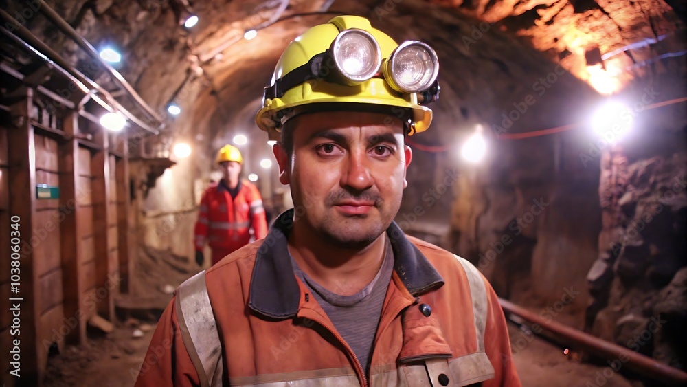 Fototapeta premium Miner in the Mine. Well-Uniformed Miner Inside Mine