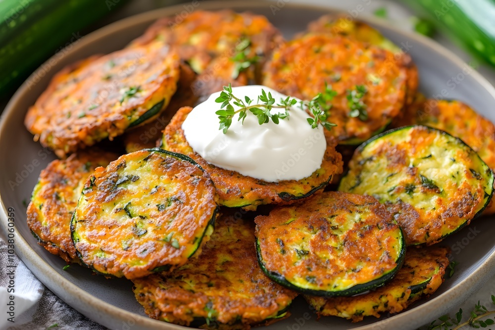 A plate of golden zucchini fritters topped with sour cream and herbs. A plate of golden zucchini fritters topped with sour cream and herbs.