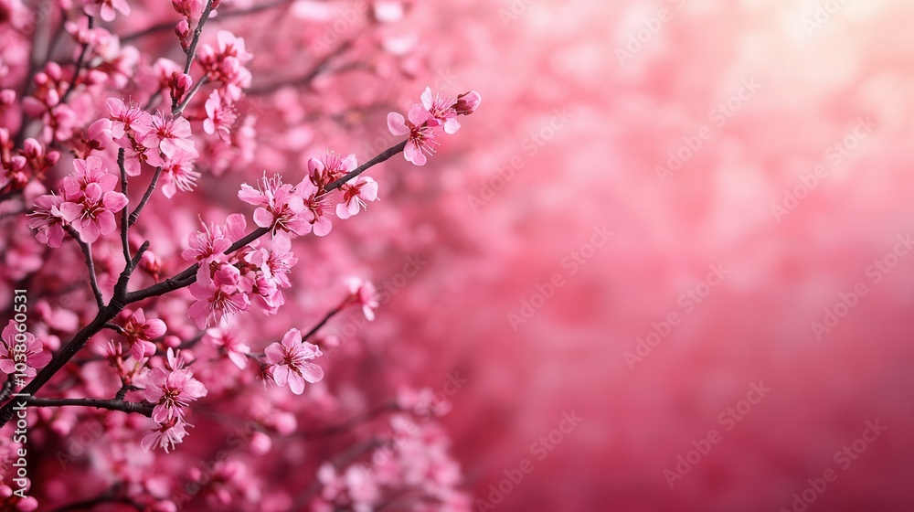 Obraz premium Delicate pink cherry blossoms grace the branches of trees, creating a vibrant display against a softly blurred background. The scene captures the essence of spring, inviting a sense of tranquility and