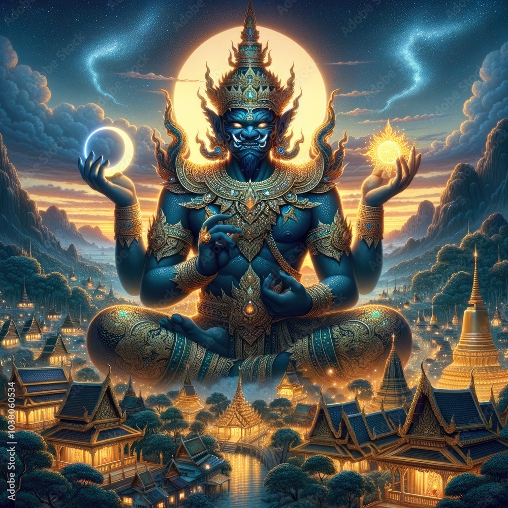 Fototapeta premium Cosmic Deity of Balance: A Majestic Demon God Holding the Sun and Moon, Towering Above a Serene Village at Twilight, Symbolizing Harmony Between Night and Day