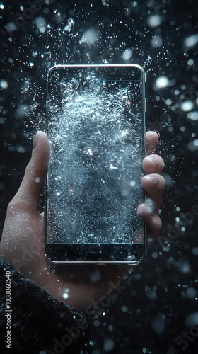 Hand holding phone displaying nebulalike screen with glitter. photo