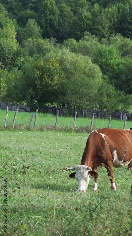 Cow grazing on a green grass meadow in summer with bell sound, vertical Cow grazing on a green grass meadow in summer with bell sound, vertical