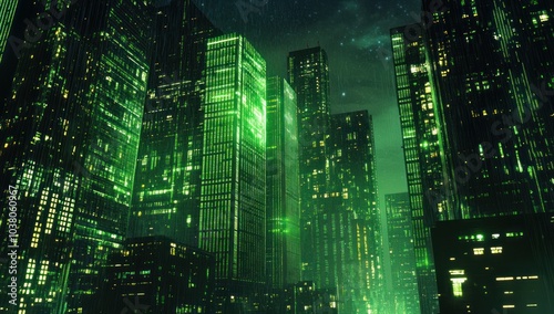 Green Neon Cityscape Under Rain