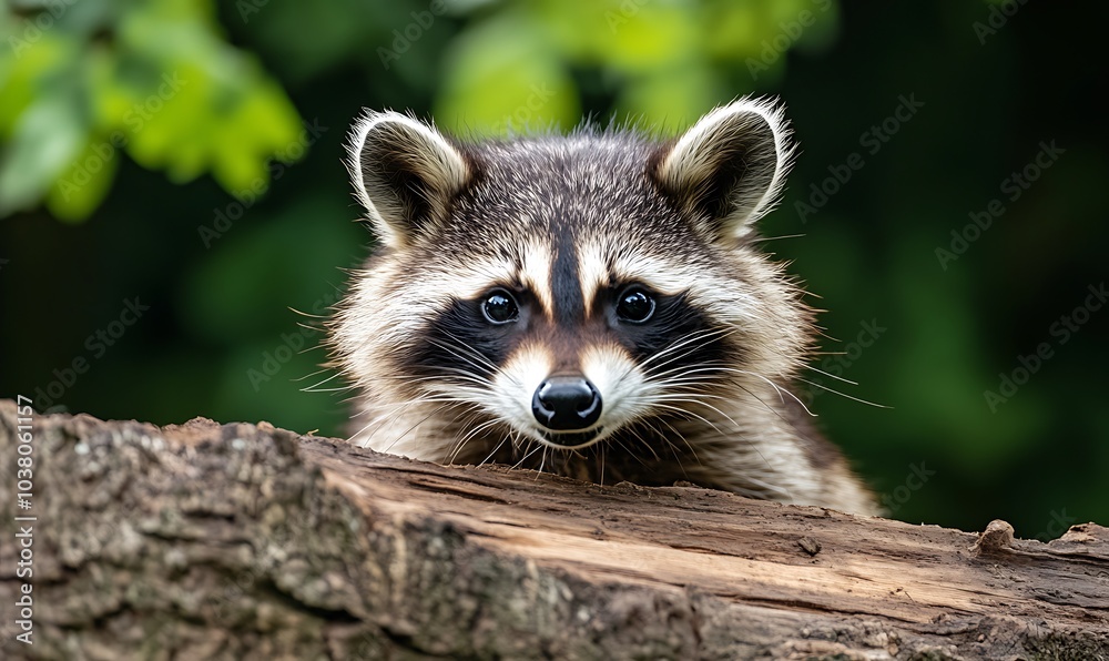 raccoon peeking around a tree trunk, Generative AI raccoon peeking around a tree trunk, Generative AI