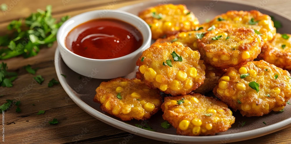 A plate of corn fritters served with a dipping sauce and garnished with herbs.